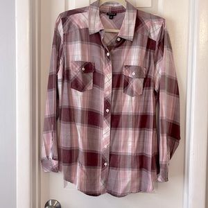 Torrid pink maroon white flannel button down long sleeve shirt size 00 10, 12